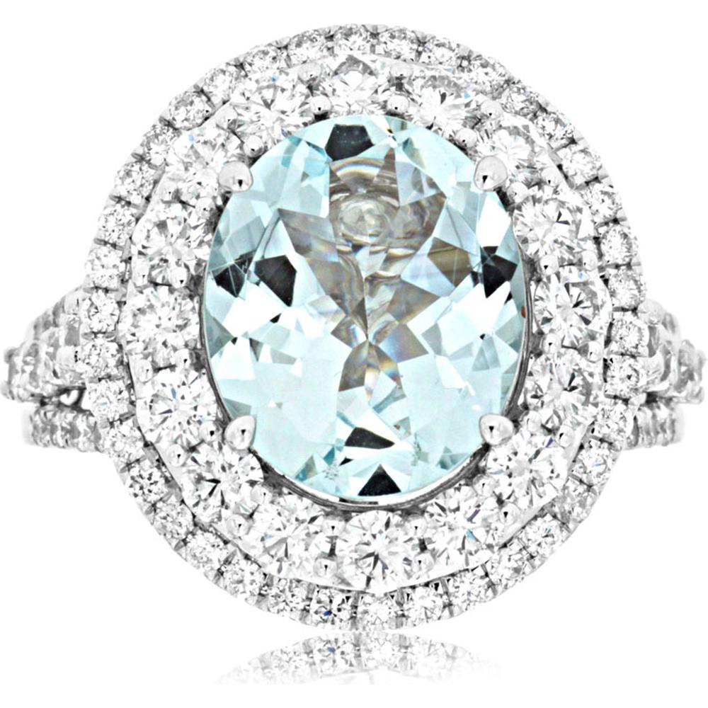 Royal 14K White Gold Aquamarine & Diamond Halo Ring - 4.10 Carats Aquamarine, 2.00 Carats Total Diamond Weight