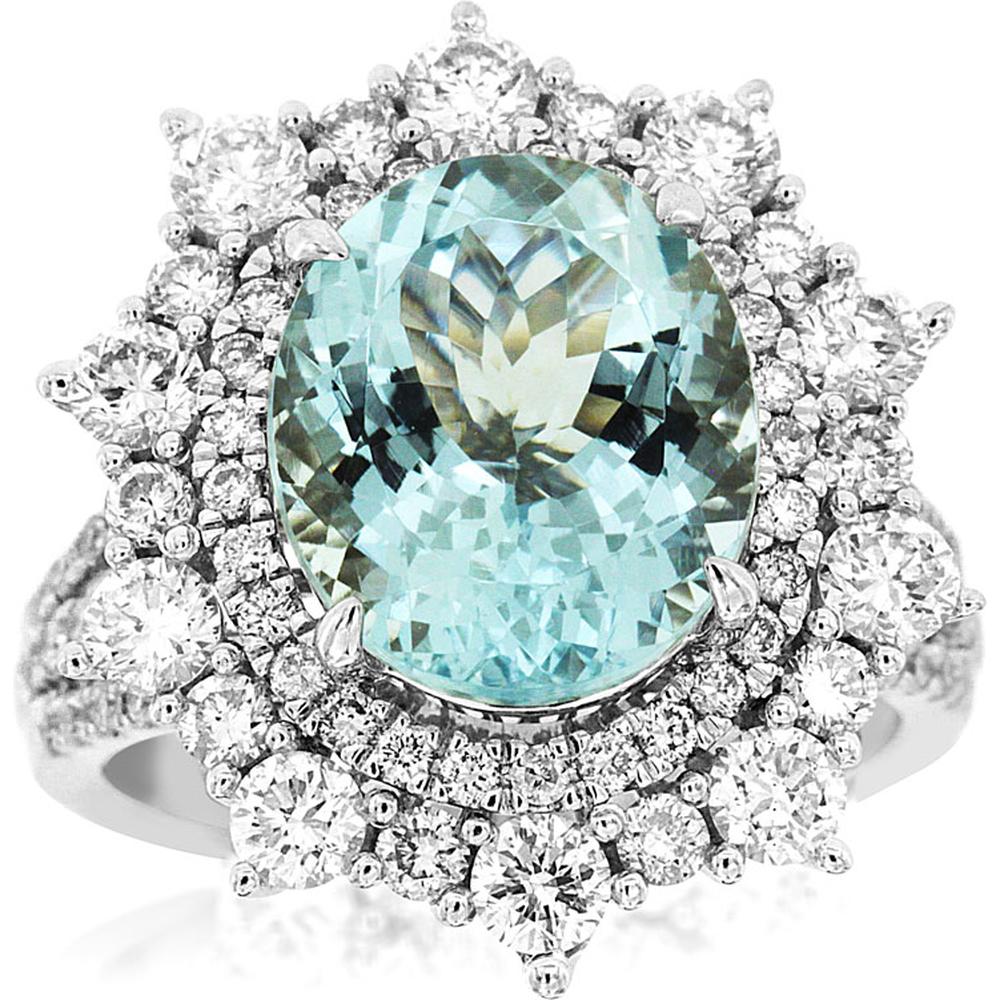 Royal 14K White Gold Aquamarine & Diamond Halo Ring - 6.05 Carats Total Aquamarine and Diamond Weight