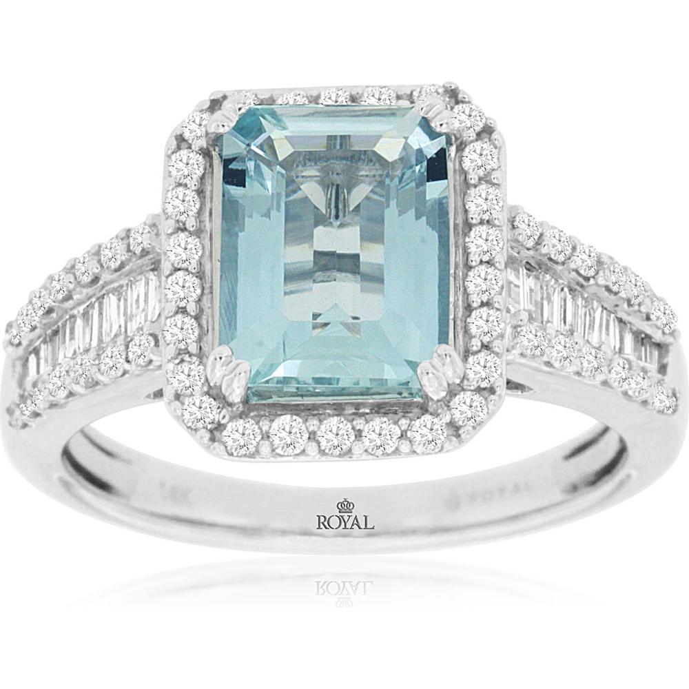Royal 14K White Gold Aquamarine & Diamond Halo Ring with 2.00 Carat Emerald-Cut Aquamarine and 0.50 Carat Total Diamond Weight