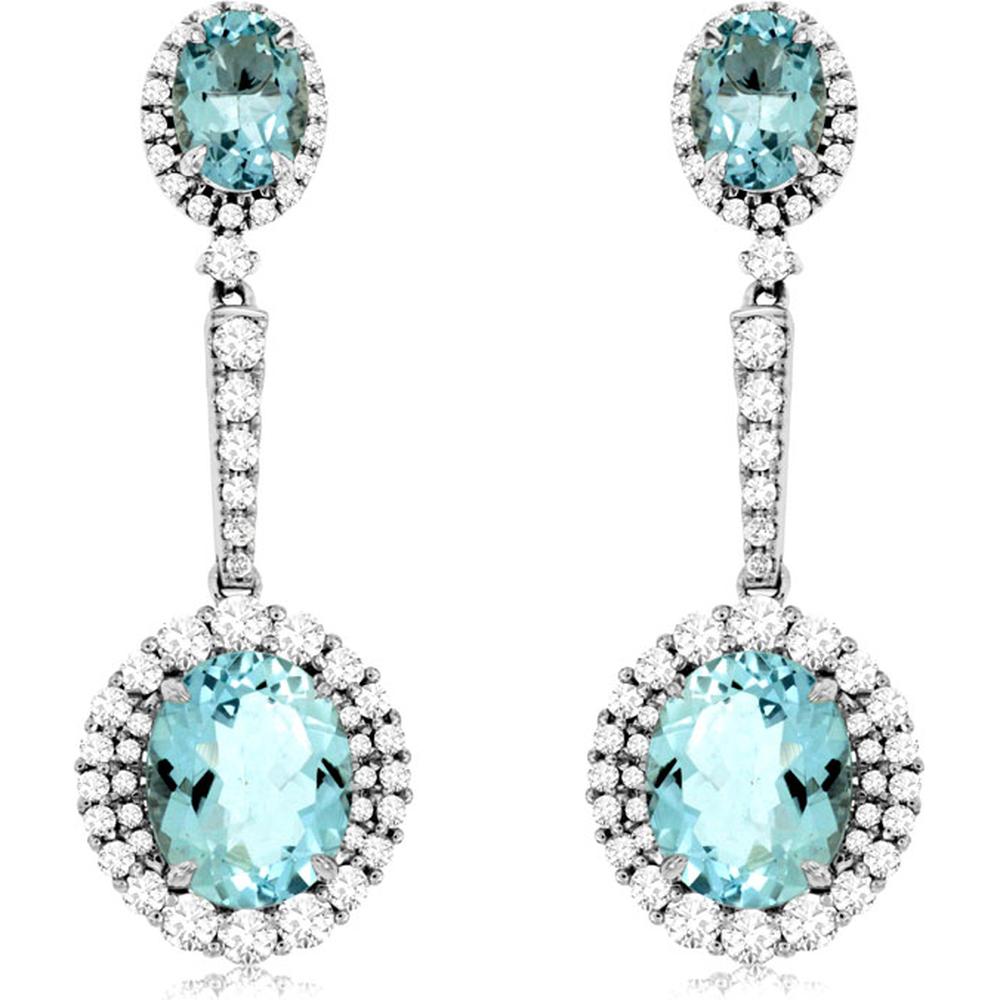 Royal 14K White Gold Aquamarine & Diamond Oval Halo Earrings - 10.4 Carats Total Aquamarine Weight