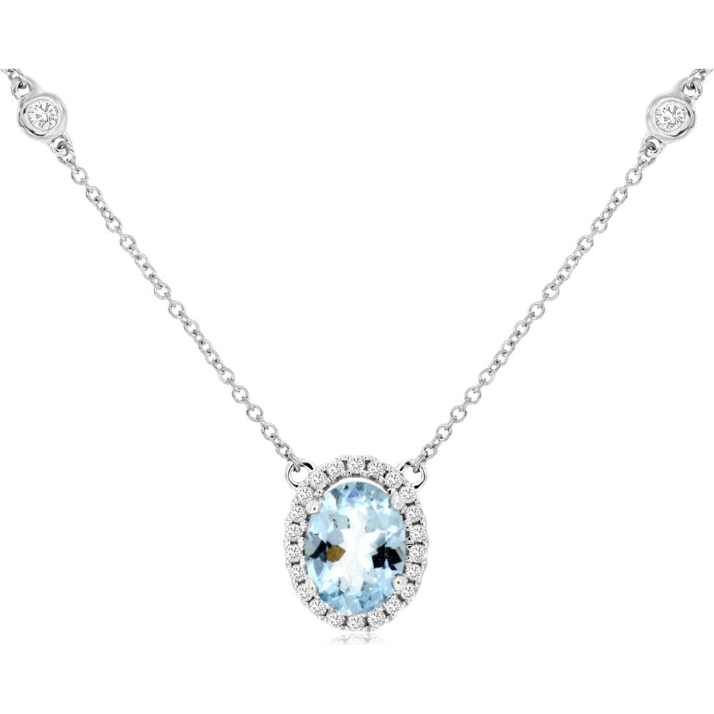 Royal 14K White Gold Aquamarine & Diamond Pendant - 1.10 Carat Aquamarine, 0.27 Carat Total Diamond Weight
