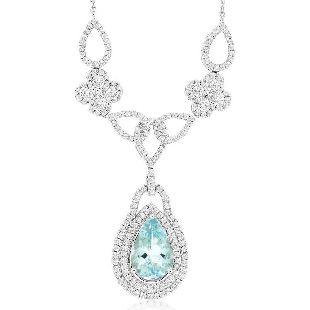 Royal 14K White Gold Aquamarine and Diamond Pendant Necklace with Floral Motifs - 2.35 Carats Aquamarine and 1.80 Carats Diamonds