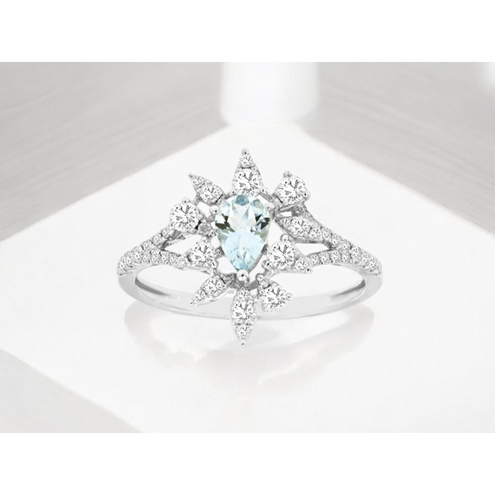 Royal 14K White Gold Aquamarine & Diamond Ring with Pear-Shaped Aquamarine - 0.32 Carats Aquamarine, 0.45 Carats Total Diamond Weight