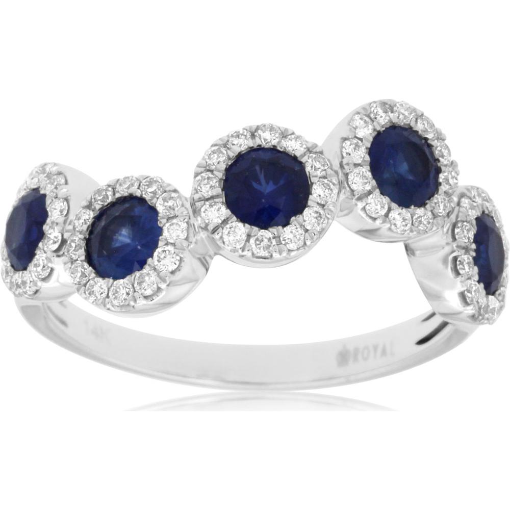 Royal 14K White Gold Band Ring with Round Sapphires and Diamond Halo - 1.32 Carat Total Gem Weight