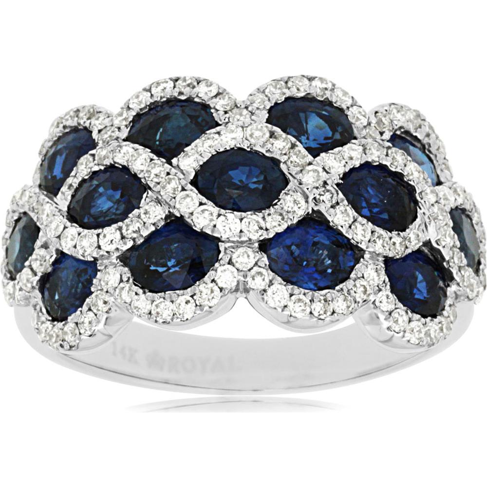 Royal 14K White Gold Band with Oval Sapphires and Diamond Halo - 2.90 Carat Total Sapphire and 0.63 Carat Total Diamond Weight