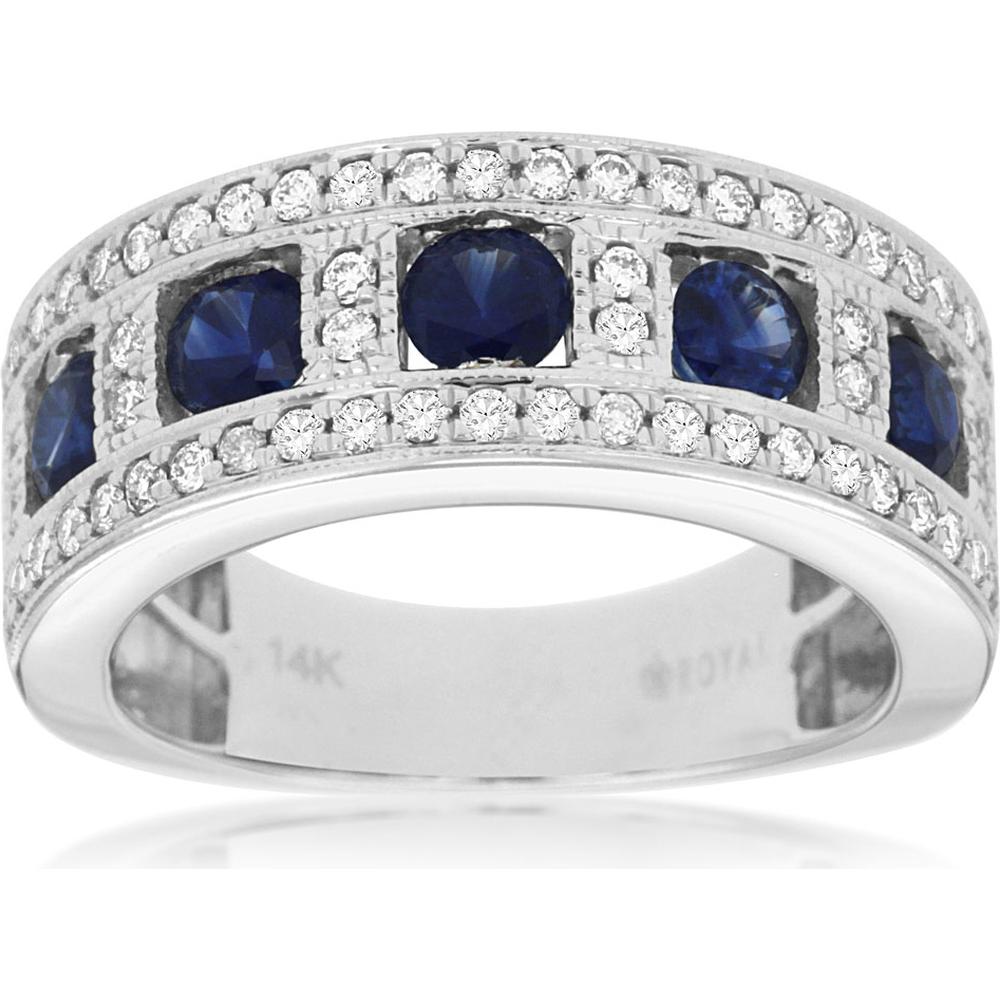 Royal 14K White Gold Band with Round Sapphires and Diamonds - 1.05 Carat Sapphire and 0.42 Carat Diamond