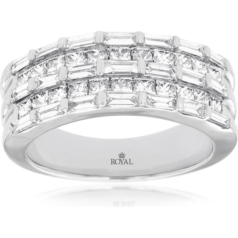 Royal 14K White Gold Band with Three Rows of Alternating Square and Rectangular Diamonds - 2.00 Carat Total Diamond Weight