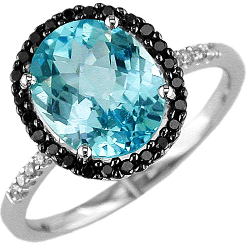 Royal 14K White Gold Black Diamond & Blue Topaz Halo Ring - 3.50 Carat Blue Topaz