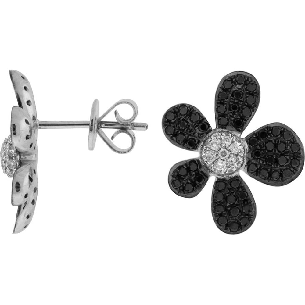 Royal 14K White Gold Black Diamond & Diamond Flower Earrings - Enchanting Floral Elegance