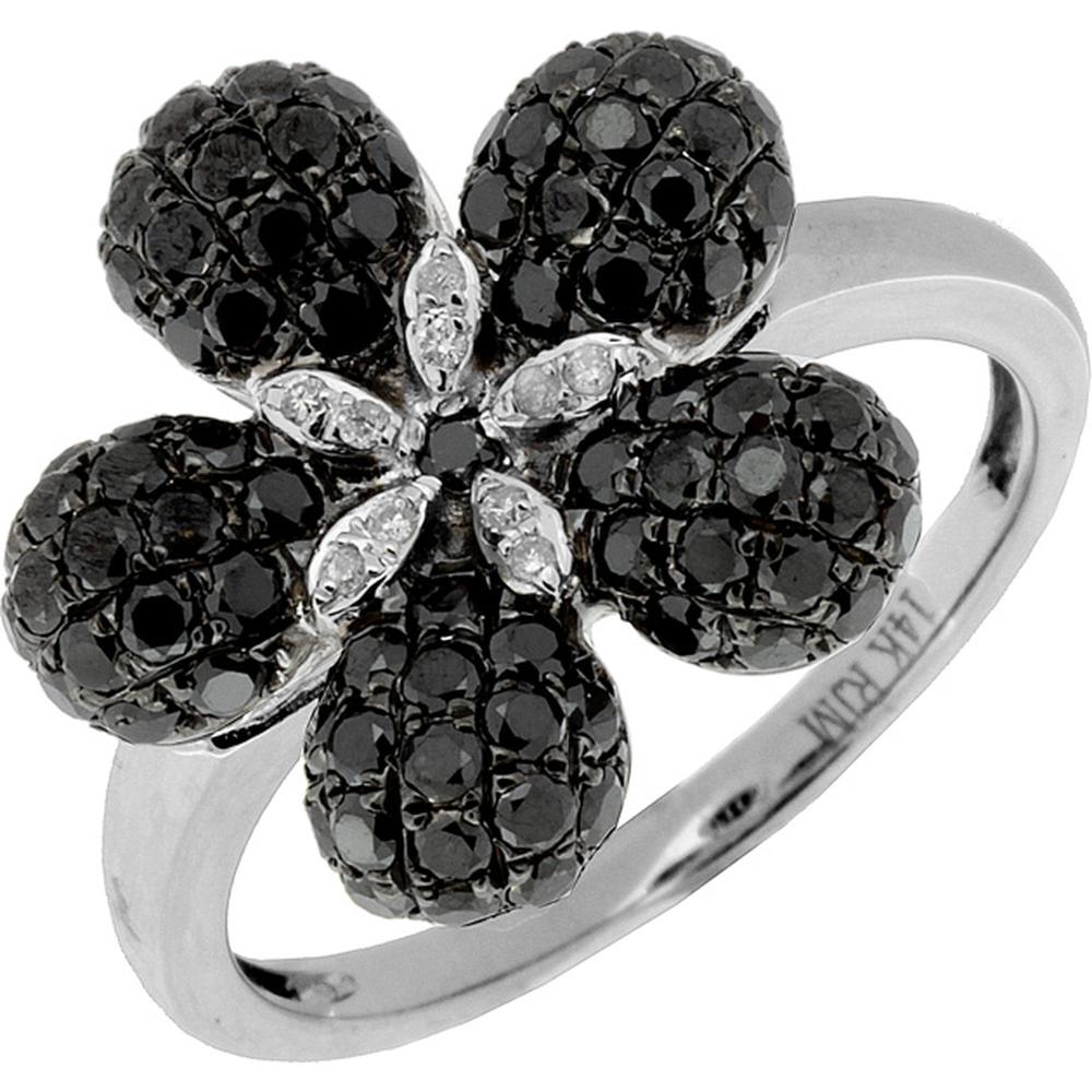 Royal 14K White Gold Black Diamond & Diamond Flower Ring - 1.18 Carat Total Black Diamond Weight, 0.03 Carat Total Diamond Weight