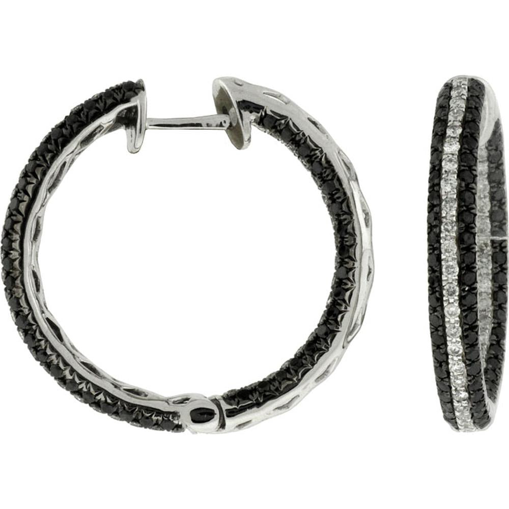 Royal 14K White Gold Black Diamond & Diamond Hoop Earrings - 1.42 Carats Total Diamond Weight