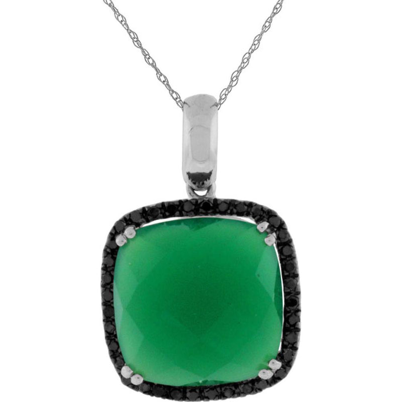 Royal 14K White Gold Black Diamond and Green Agate Cushion Cut Pendant