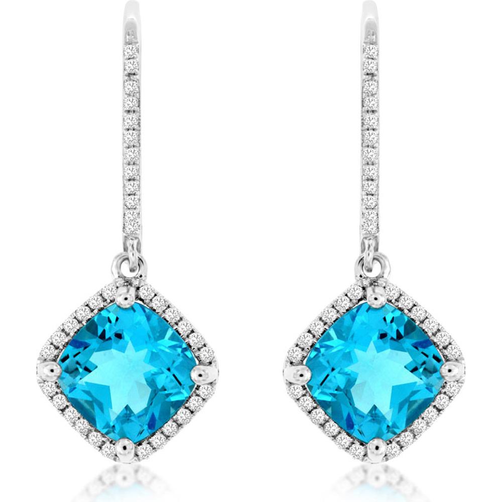 Royal 14K White Gold Blue Topaz & Diamond Earrings - 3.40 Carat Main Stone - Cushion Cut - 0.21 Carat Diamond Accent