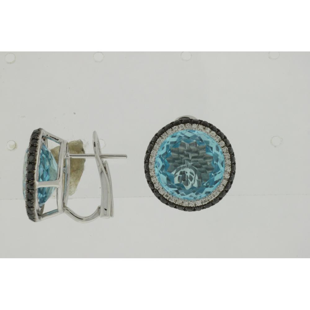 Royal 14K White Gold Blue Topaz & Diamond Halo Earrings with Black Diamond Accents - 14.70 Carats Total Weight