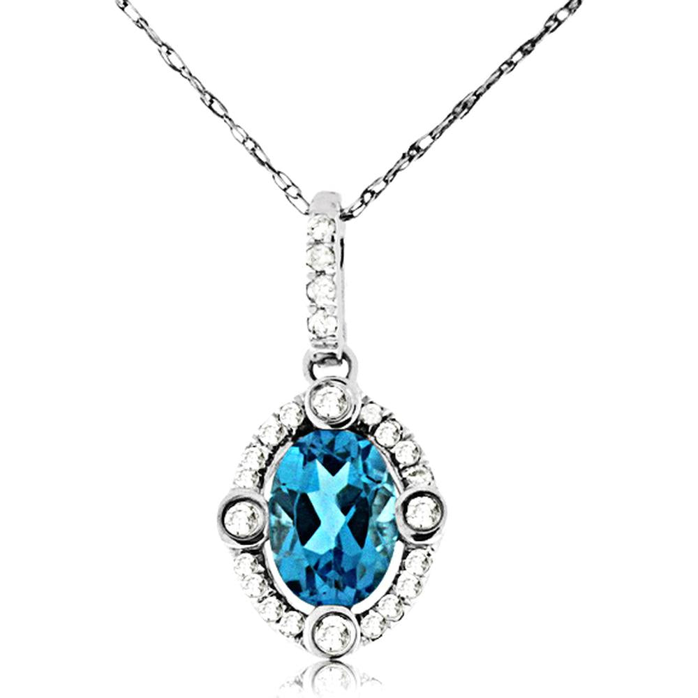 Royal 14K White Gold Blue Topaz and Diamond Halo Pendant - 0.95 Carat Topaz and 0.14 Carat Diamond Total Weight