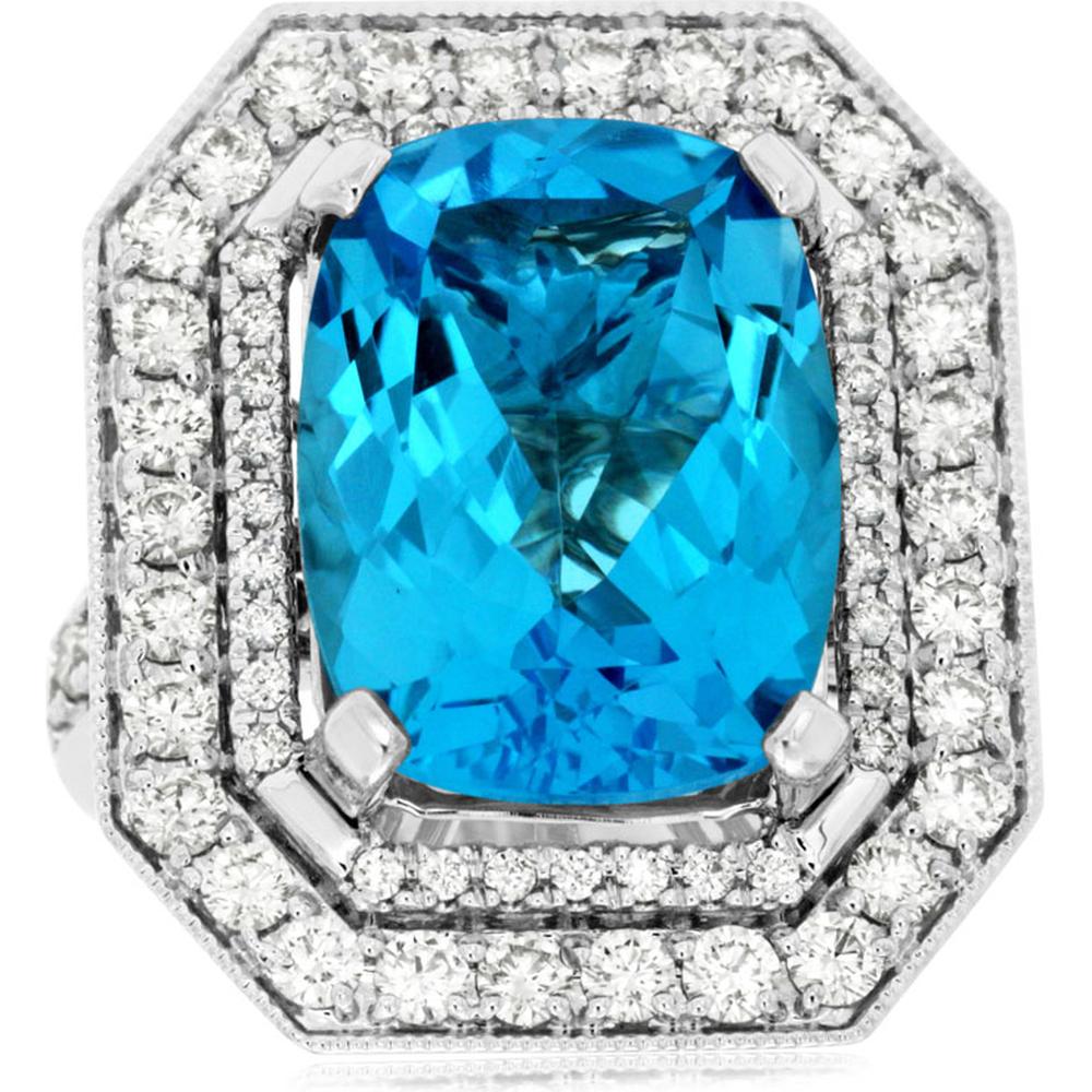 Royal 14K White Gold Blue Topaz & Diamond Halo Ring - 12.45 Carat Blue Topaz, 1.55 Carat Diamonds