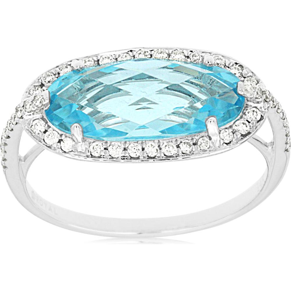 Royal 14K White Gold Blue Topaz and Diamond Halo Ring - 4.00 Carat Blue Topaz