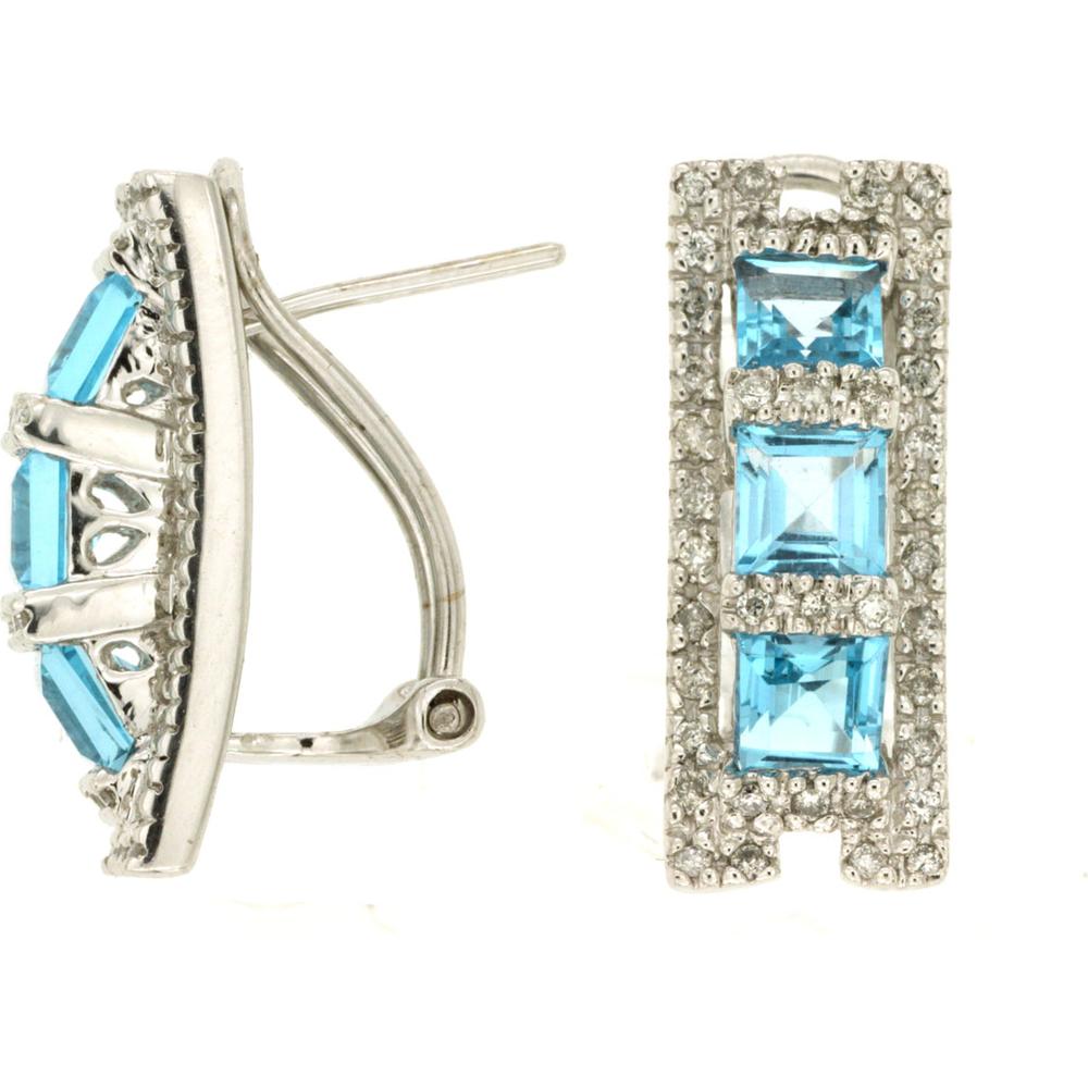 Royal 14K White Gold Blue Topaz & Diamond Princess Cut Halo Earrings - 2.60 Carat Blue Topaz, 0.32 Carat Diamond Total Weight