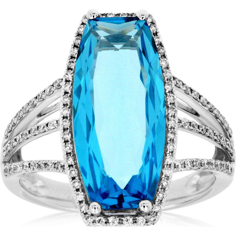 Royal 14K White Gold Blue Topaz & Diamond Ring - 6.80 Carats Blue Topaz, 0.31 Carats Total Diamond Weight