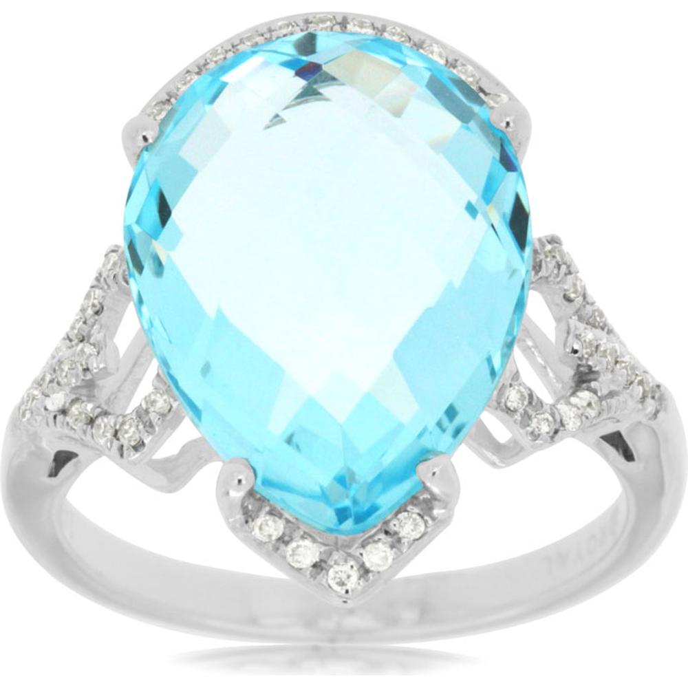Royal 14K White Gold Blue Topaz & Diamond Ring - Pear Shape - 10.00 Carat Blue Topaz - 0.13 Carat Diamonds