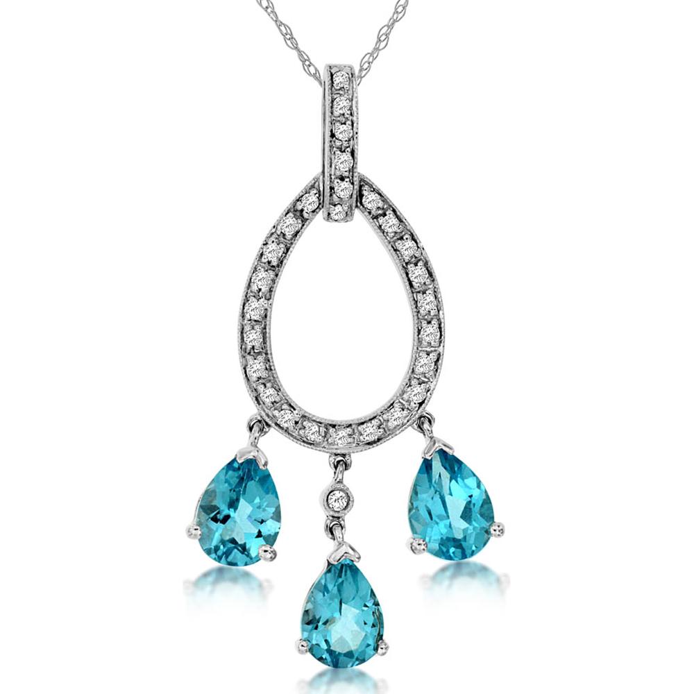 Royal 14K White Gold Blue Topaz & Diamond Three Stone Pendant - 2.35 Carat Total Gem Weight