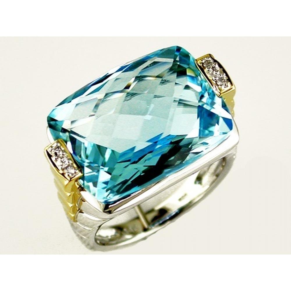 Royal 14K White Gold Blue Topaz Cushion Cut Ring with Round Diamonds - 20.04 Carats Total Gem Weight