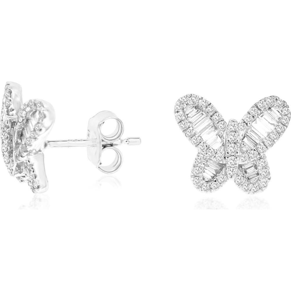 Royal 14K White Gold Butterfly Earrings with Round and Baguette Diamonds - 0.60 Carats Total Diamond Weight