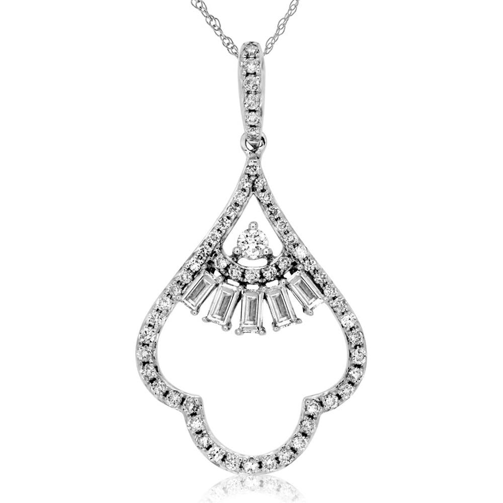 Royal 14K White Gold Celestial Diamond Pendant - 0.25 Carat Main Stone, 0.16 Carat Baguette Diamonds