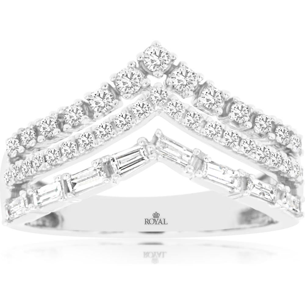 Royal 14K White Gold Chevron Diamond Ring with Round and Emerald-Cut Diamonds - 0.52 Carats Total Diamond Weight