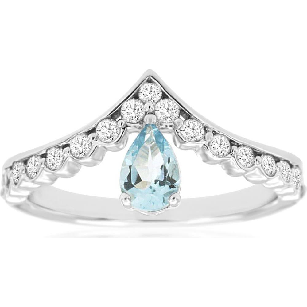 Royal 14K White Gold Chevron Ring with Pear-Shaped Aquamarine and Round Diamonds - 0.72 Carats Total Gem Weight