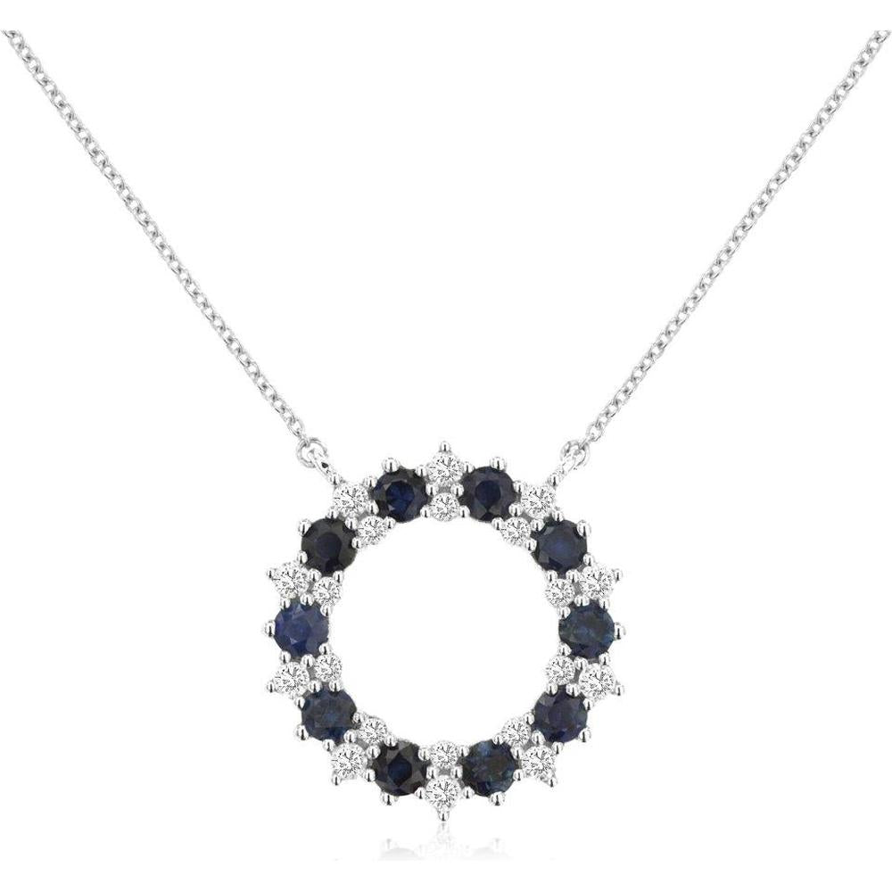 Royal 14K White Gold Circle Pendant Necklace with 0.47 Carat Diamonds and 1.25 Carat Sapphires