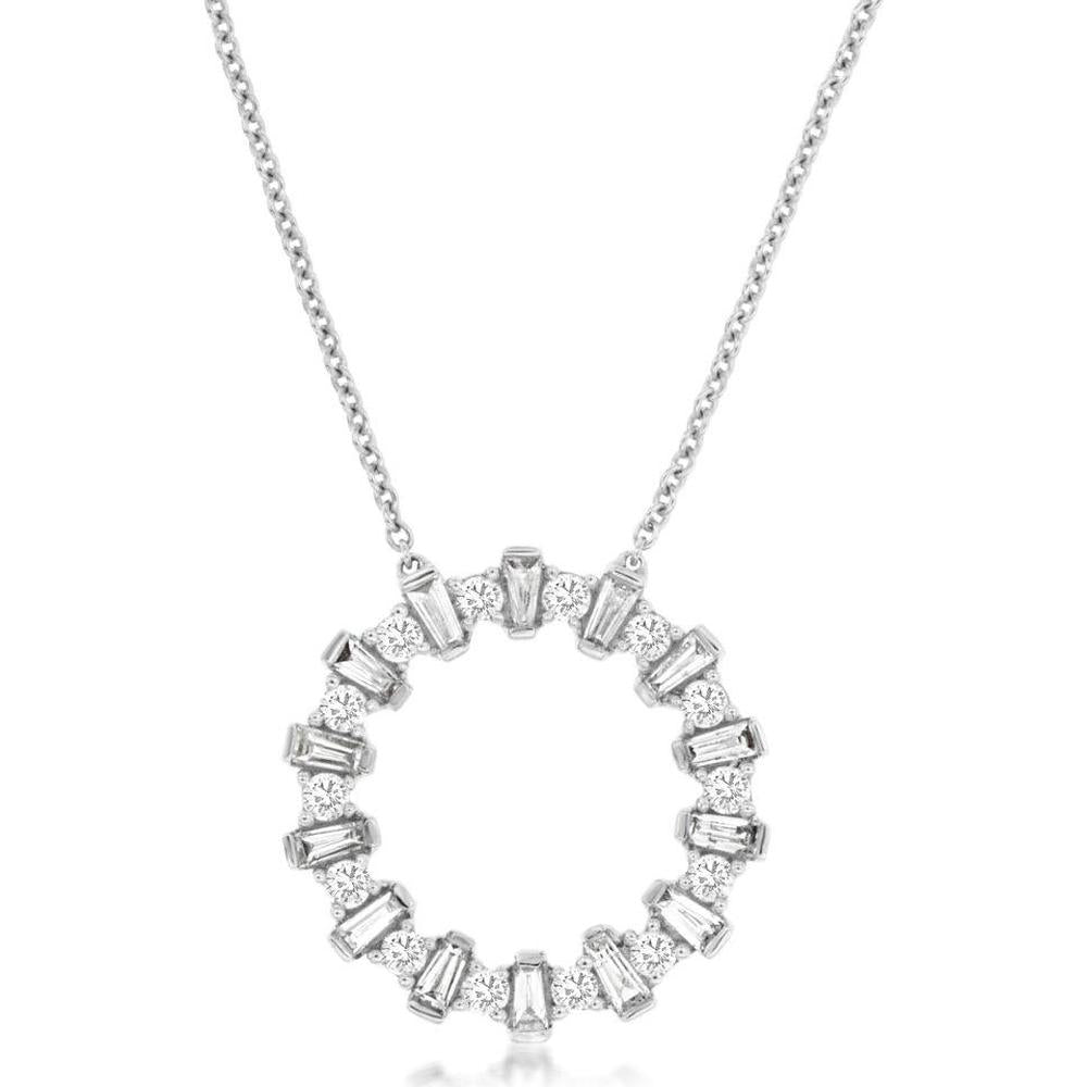 Royal 14K White Gold Circle Pendant Necklace with Round and Baguette Diamonds - 0.75 Carats Total Diamond Weight