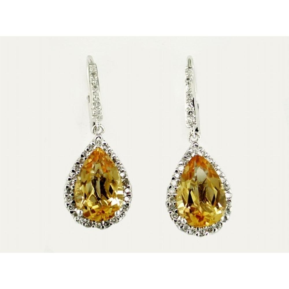 Royal 14K White Gold Citrine & Diamond Drop Earrings with Pear-Shaped Citrine and Round Diamonds - 6.92 Carats Total Gem Weight