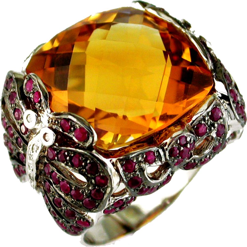 Royal 14K White Gold Citrine and Ruby Ring with Round Diamonds - 24.06 Carats Total Gem Weight