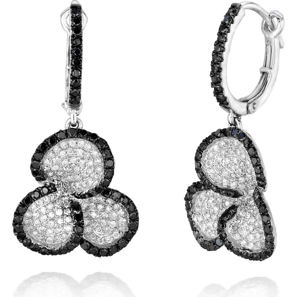 Royal 14K White Gold Clover Earrings with Diamond and Black Diamond Accents - 1.52 Carat Total Diamond Weight