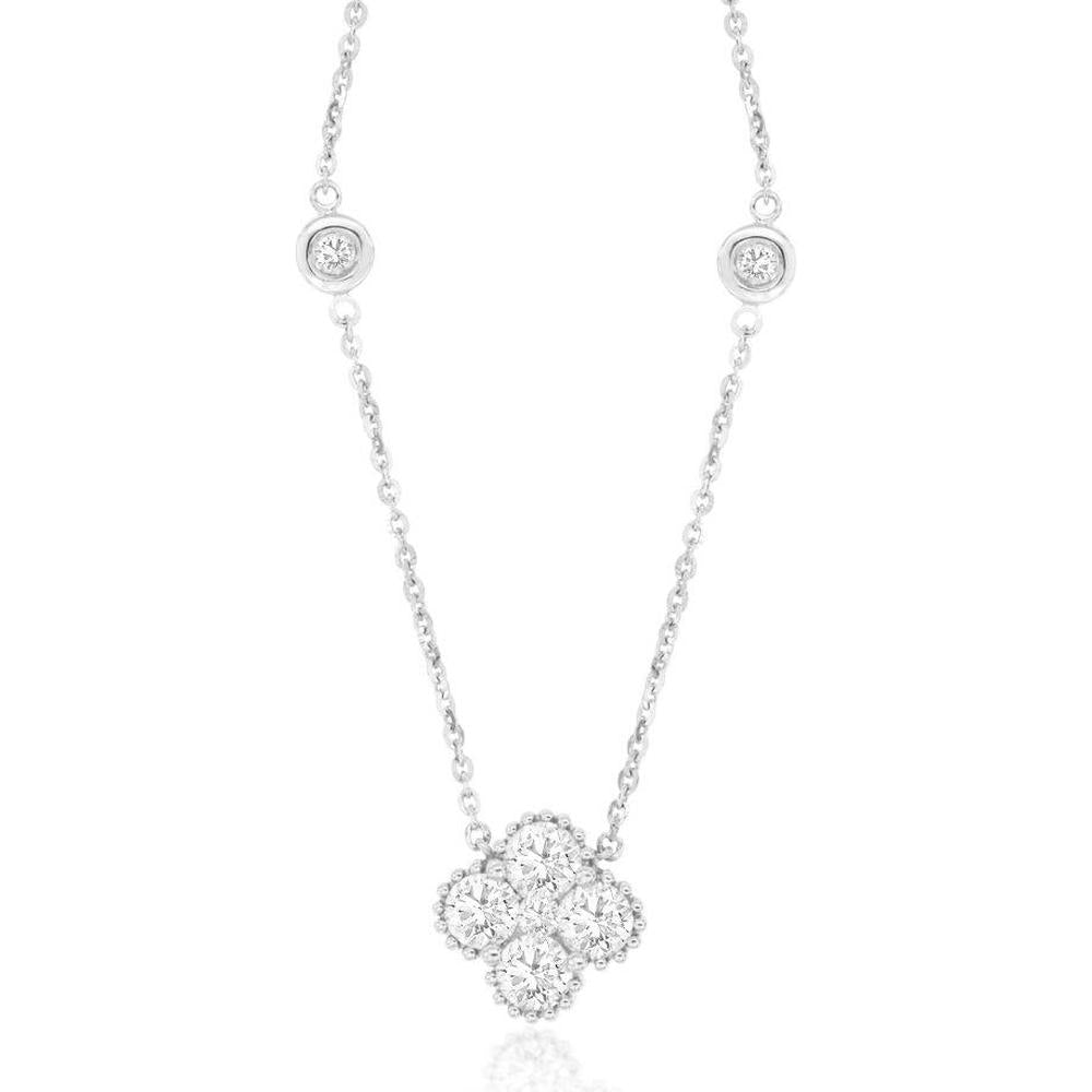 Royal 14K White Gold Clover Motif Pendant Necklace with Round Diamonds - 1.00 Carats Total Diamond Weight