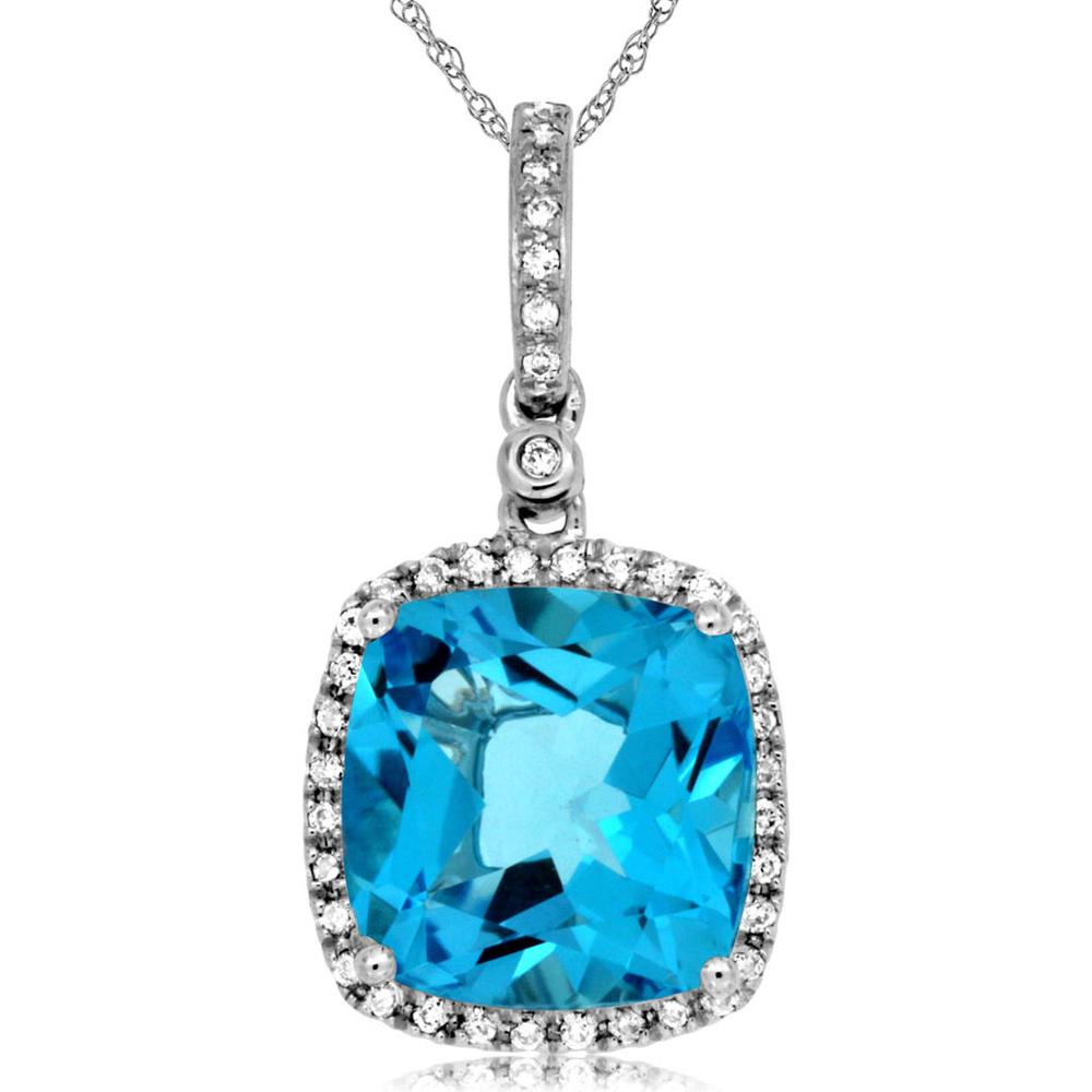 Royal 14K White Gold Cushion Cut Blue Topaz and Diamond Halo Pendant - 4.90 Carat Blue Topaz, 0.16 Carat Diamond
