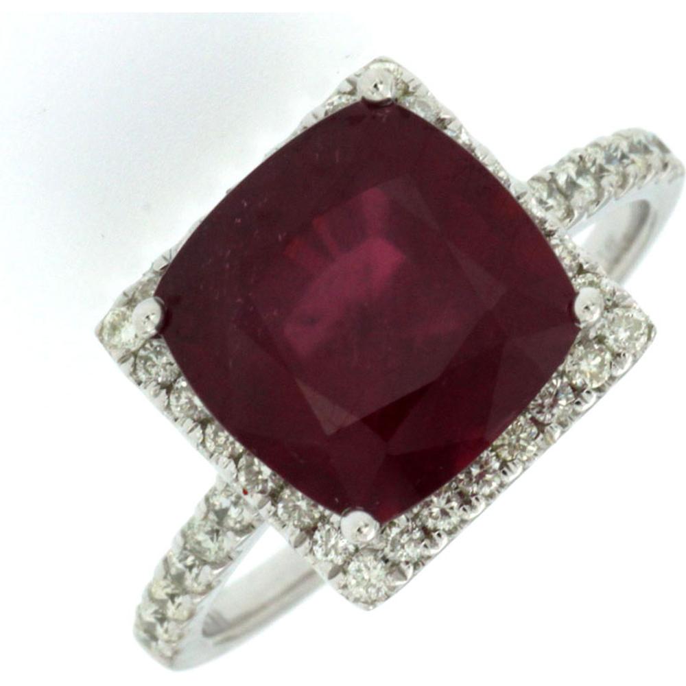 Royal 14K White Gold Cushion Cut Diamond & Glass Filled Ruby Ring - 7.50 Carat Total Gem Weight