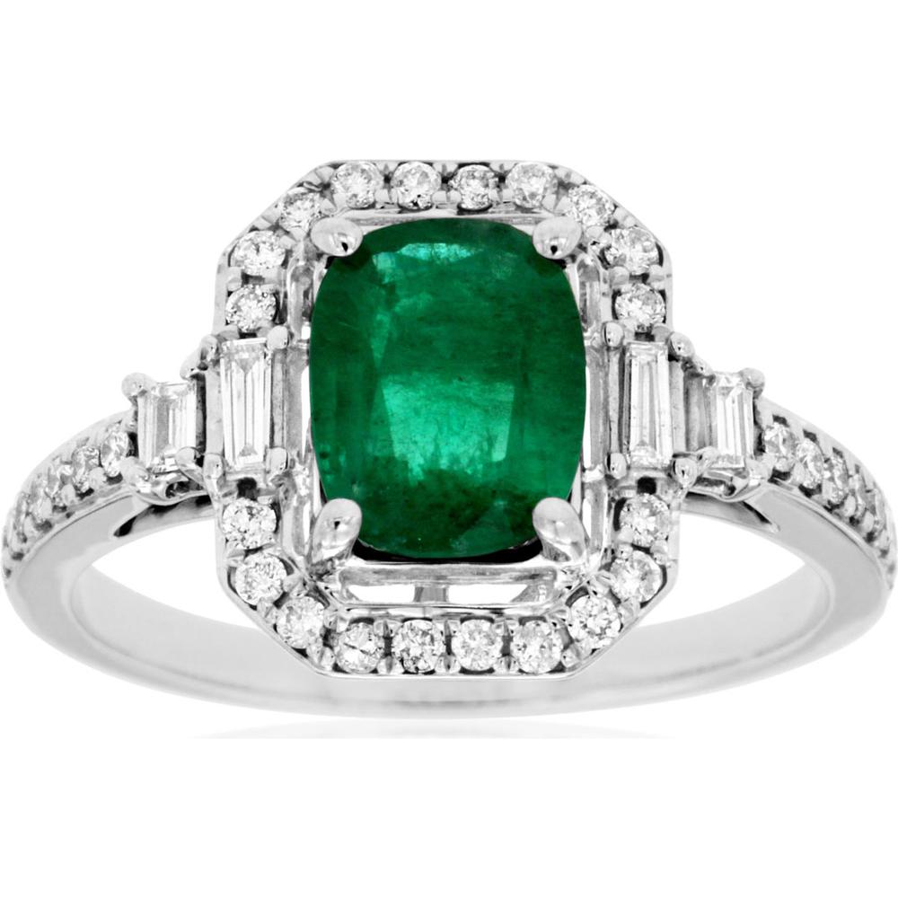 Royal 14K White Gold Cushion Cut Emerald & Diamond Halo Ring - 2.00 Carats Total Weight
