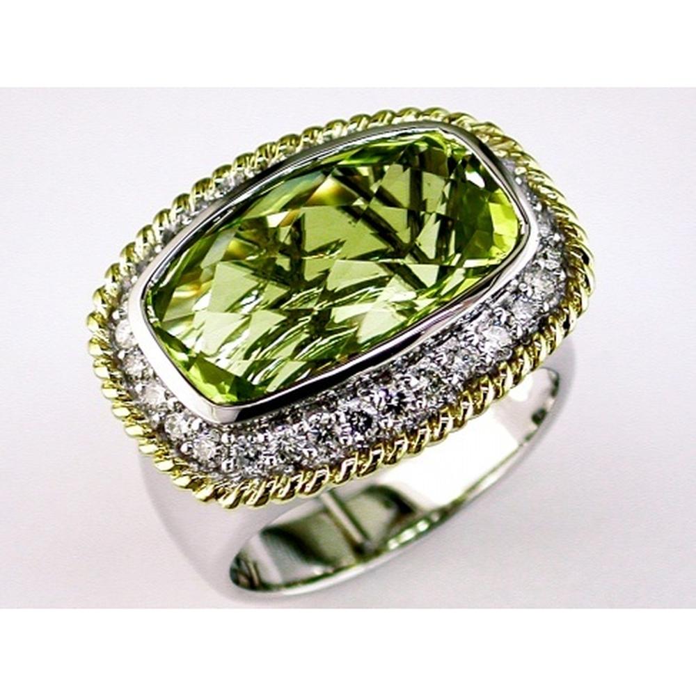Royal 14K White Gold Cushion Cut Lemon Quartz Ring with Diamond Halo - 9.70 Carats Lemon Quartz, 0.68 Carats Diamonds