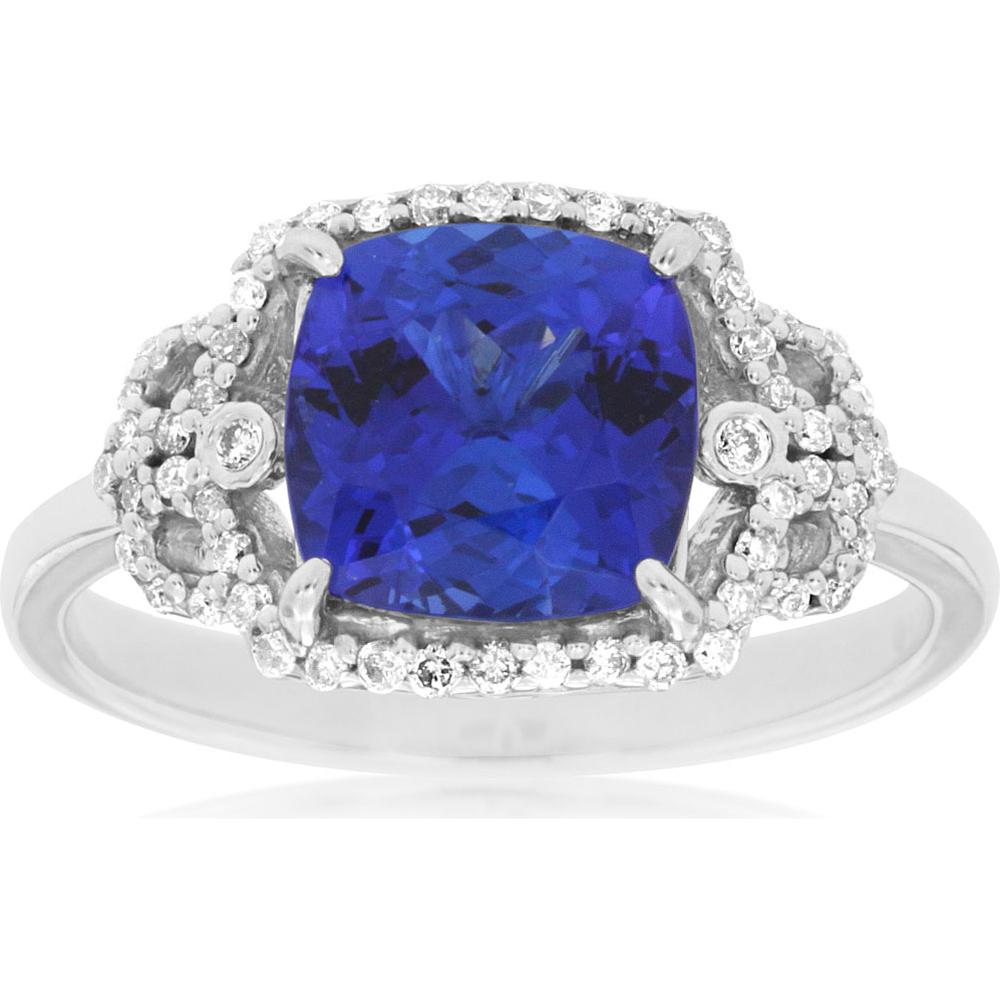 Royal 14K White Gold Cushion Cut Tanzanite & Diamond Halo Ring - 2.60 Carats Tanzanite & 0.20 Carats Total Diamond Weight