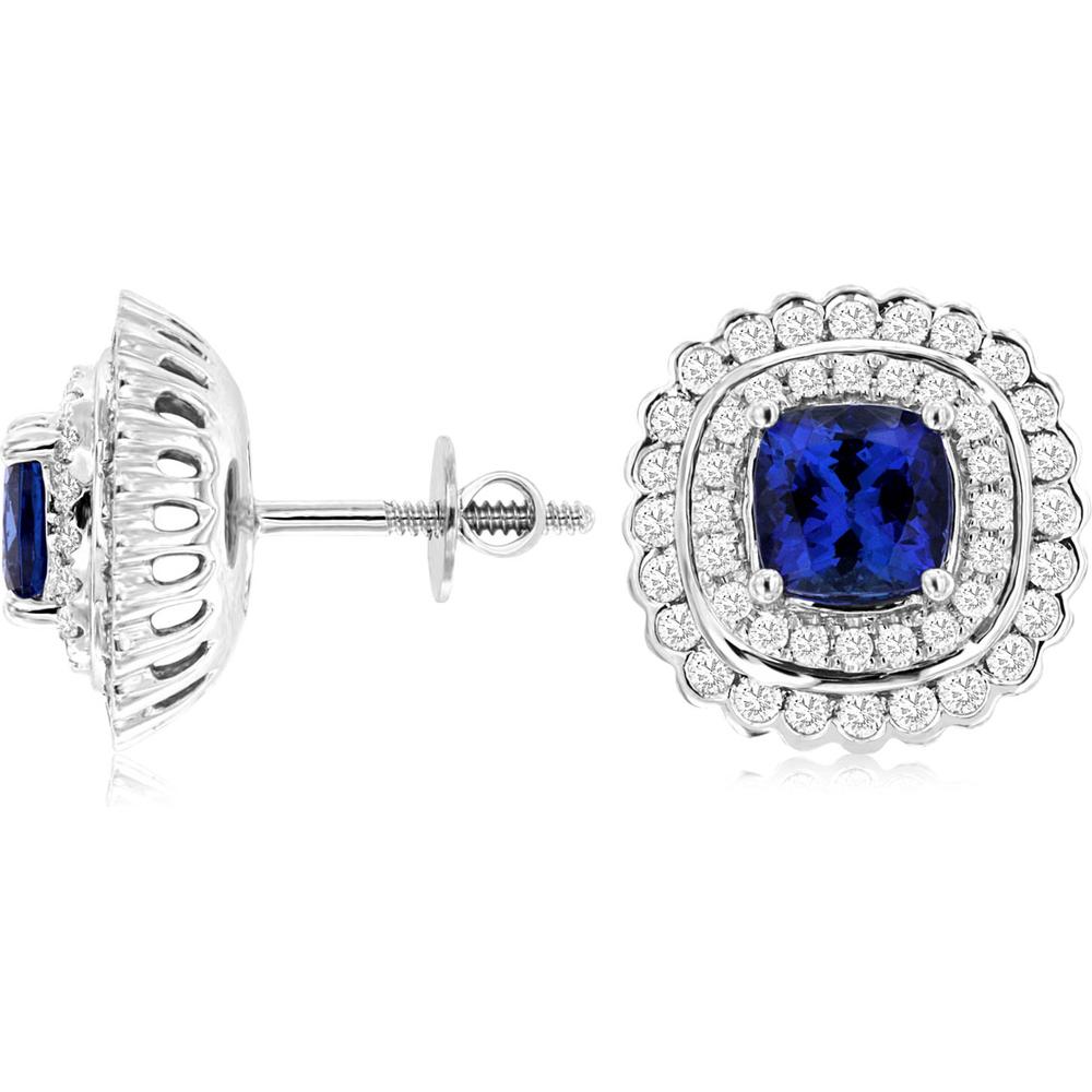 Royal 14K White Gold Cushion-Cut Tanzanite and Diamond Halo Stud Earrings - 2.10 Carat Total Tanzanite, 0.92 Carat Total Diamond Weight
