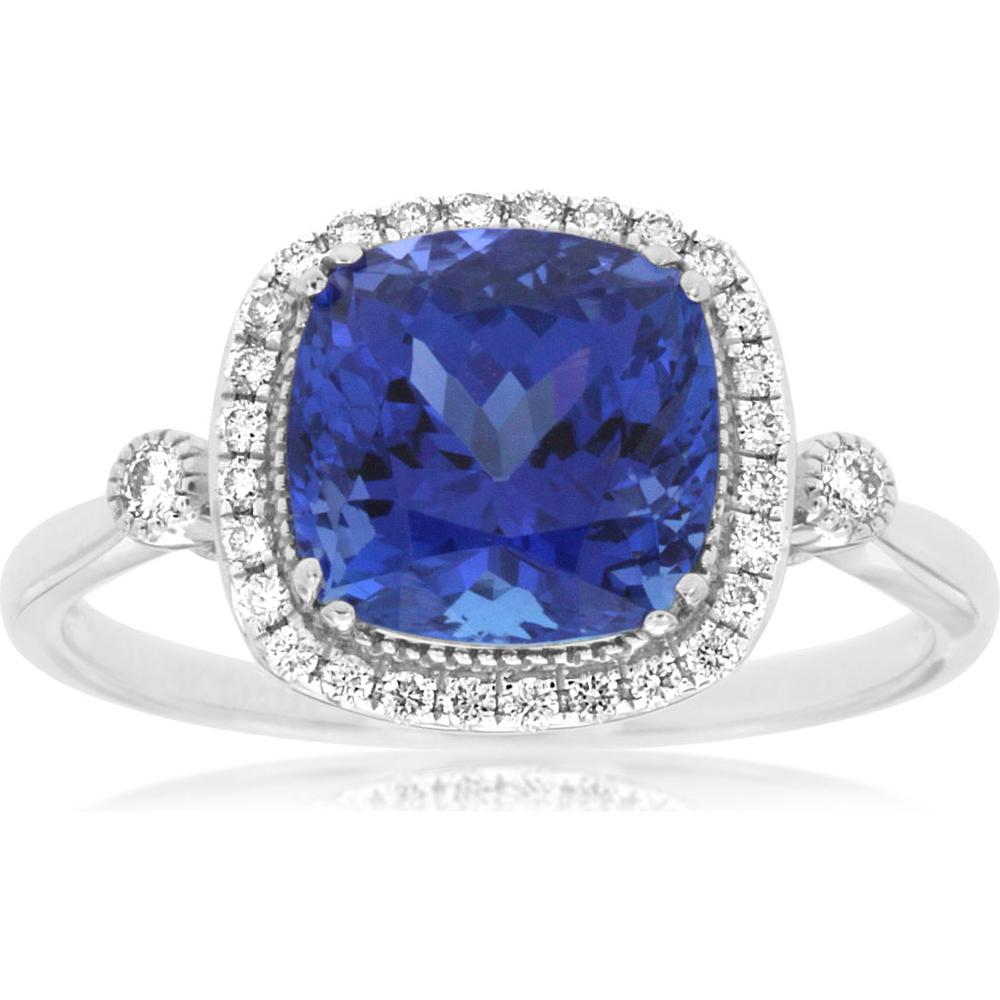 Royal 14K White Gold Cushion Cut Tanzanite & Diamond Ring - 2.60 Carat Tanzanite, 0.18 Carat Diamond Total Weight