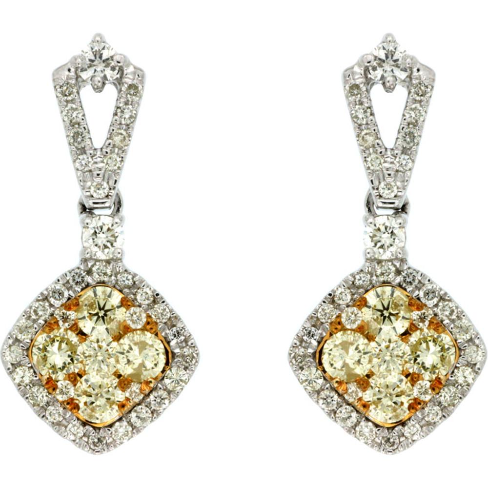 Royal 14K White Gold Cushion Drop Earrings with Yellow and White Diamonds - 1.33 Carats Total Diamond Weight