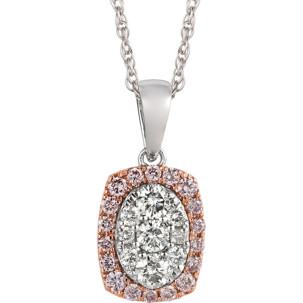 Royal 14K White Gold Cushion Halo Pendant with 0.43 Carats White Diamonds and 0.30 Carats Pink Diamonds