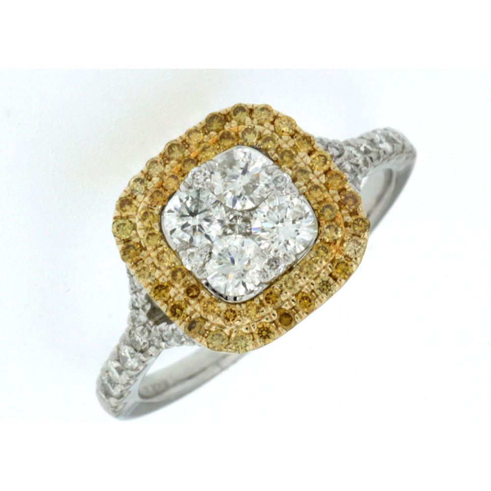 Royal 14K White Gold Cushion Halo Ring with 0.75 Carats Round Diamonds and 0.25 Carats Natural Yellow Diamonds