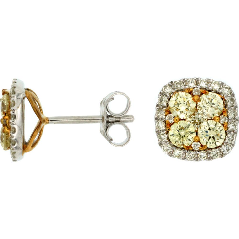 Royal 14K White Gold Cushion Stud Earrings with Yellow Diamond Clusters and White Diamond Halo - 1.10 Carats Total Diamond Weight