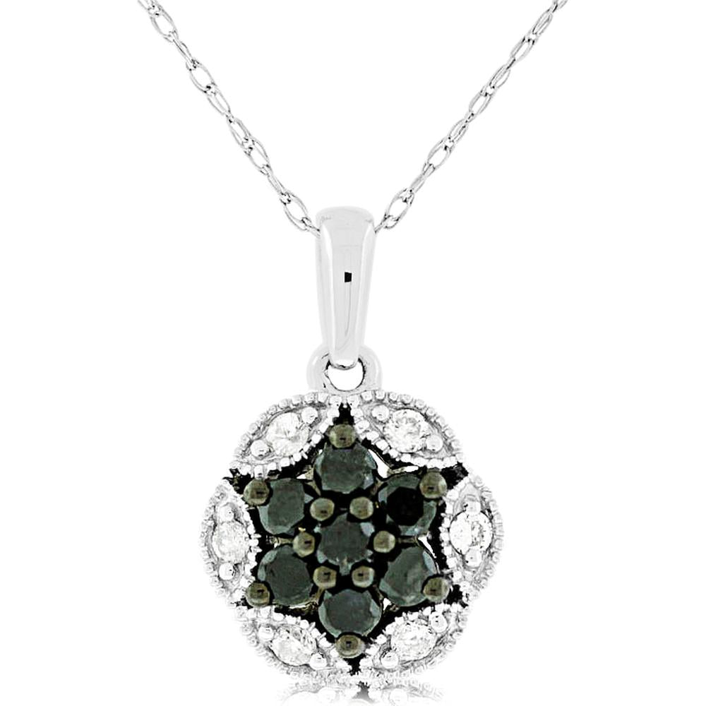 Royal 14K White Gold Diamond & Black Diamond Halo Pendant Necklace