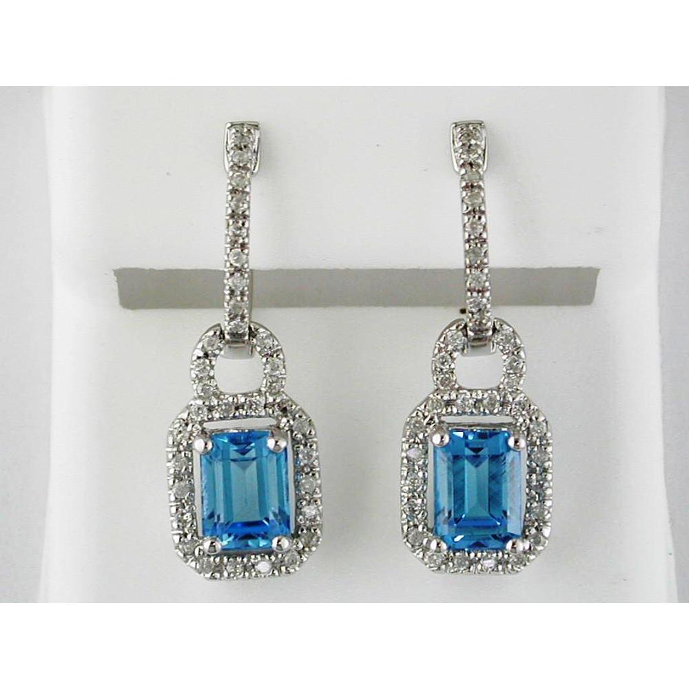 Royal 14K White Gold Diamond & Blue Topaz Earrings - Stunning Emerald Cut Center Stone - 3.30 Carat Total Gem Weight
