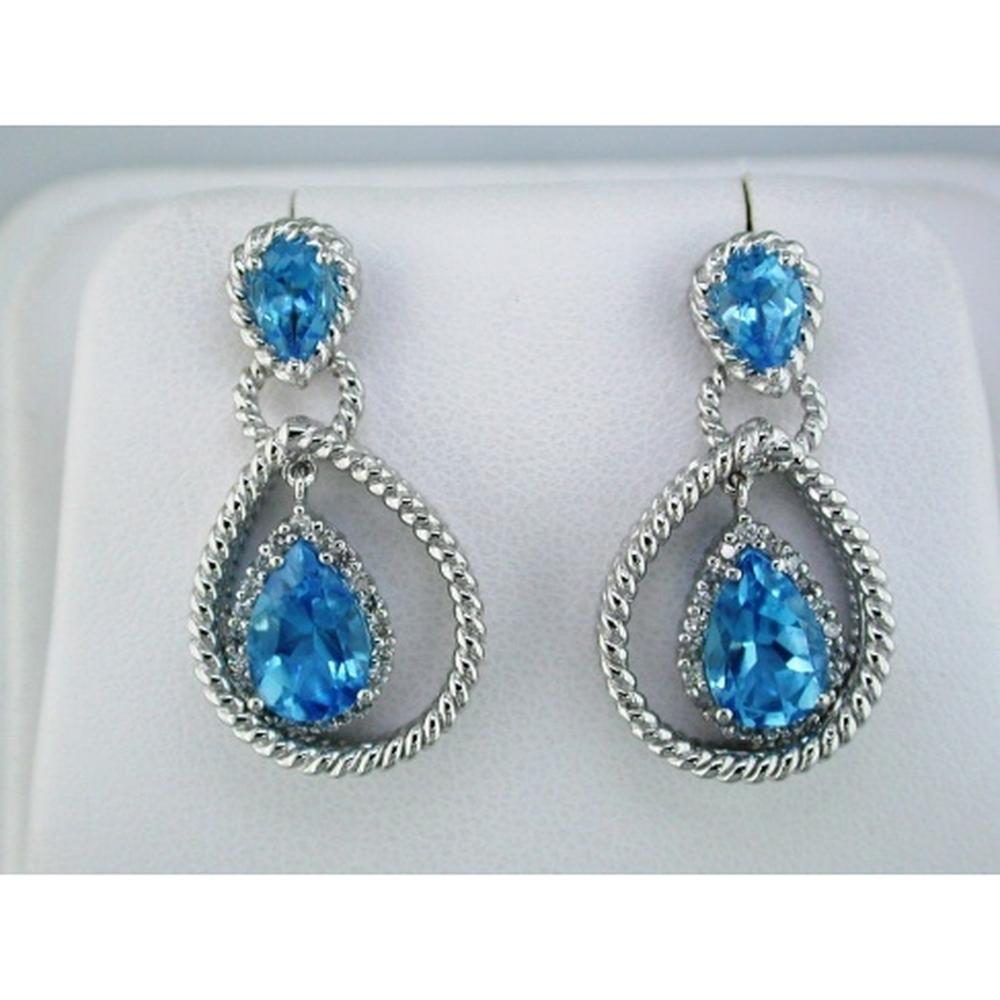 Royal 14K White Gold Diamond and Blue Topaz Pear Earrings - 4.00 Carat Total Gem Weight